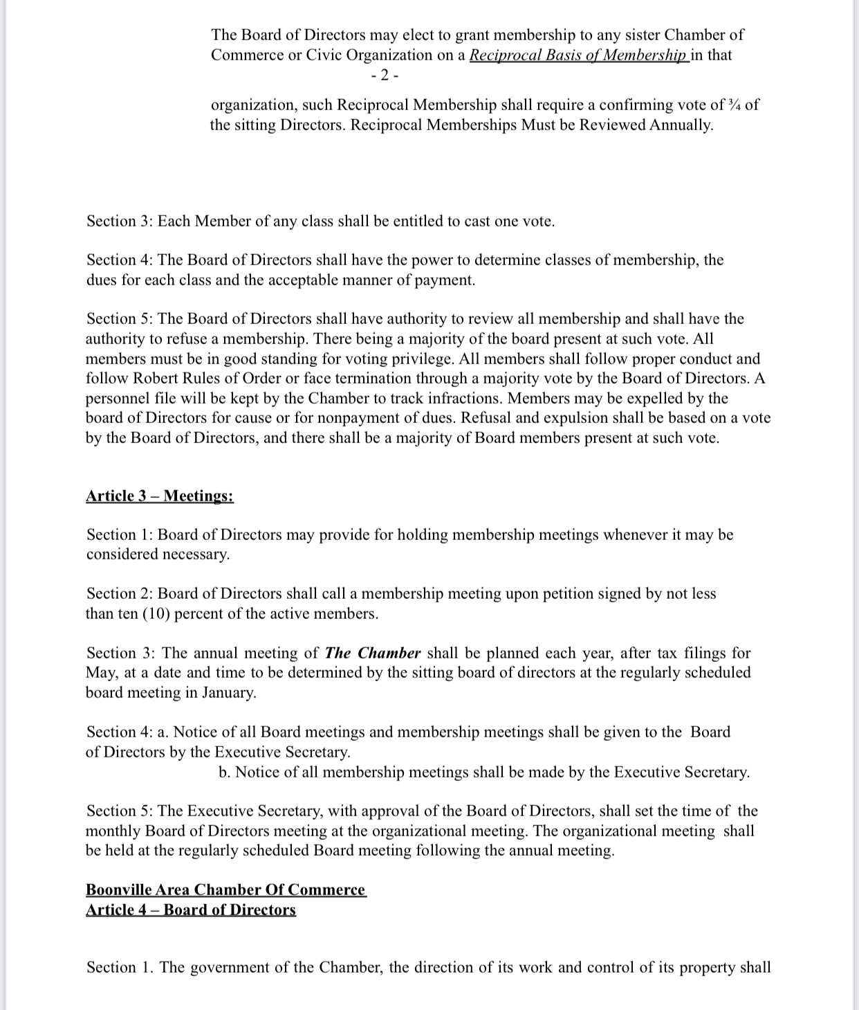 Boonville Chamber Bylaws Chamber Copy Section 1 Two