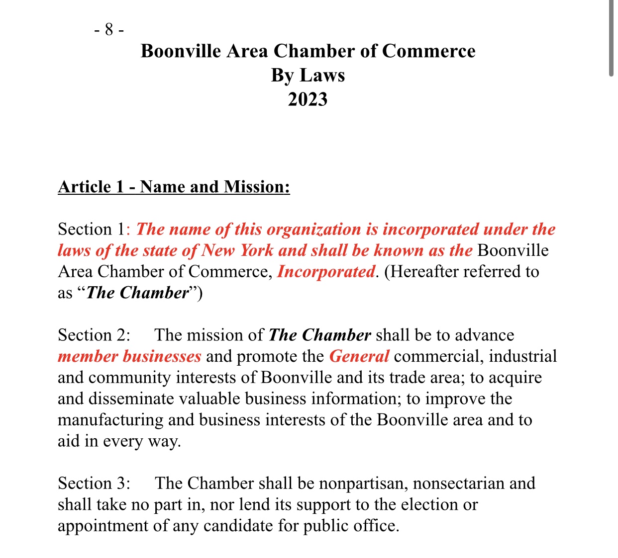 Boonville Chamber Chris Bylaws Section 1 One