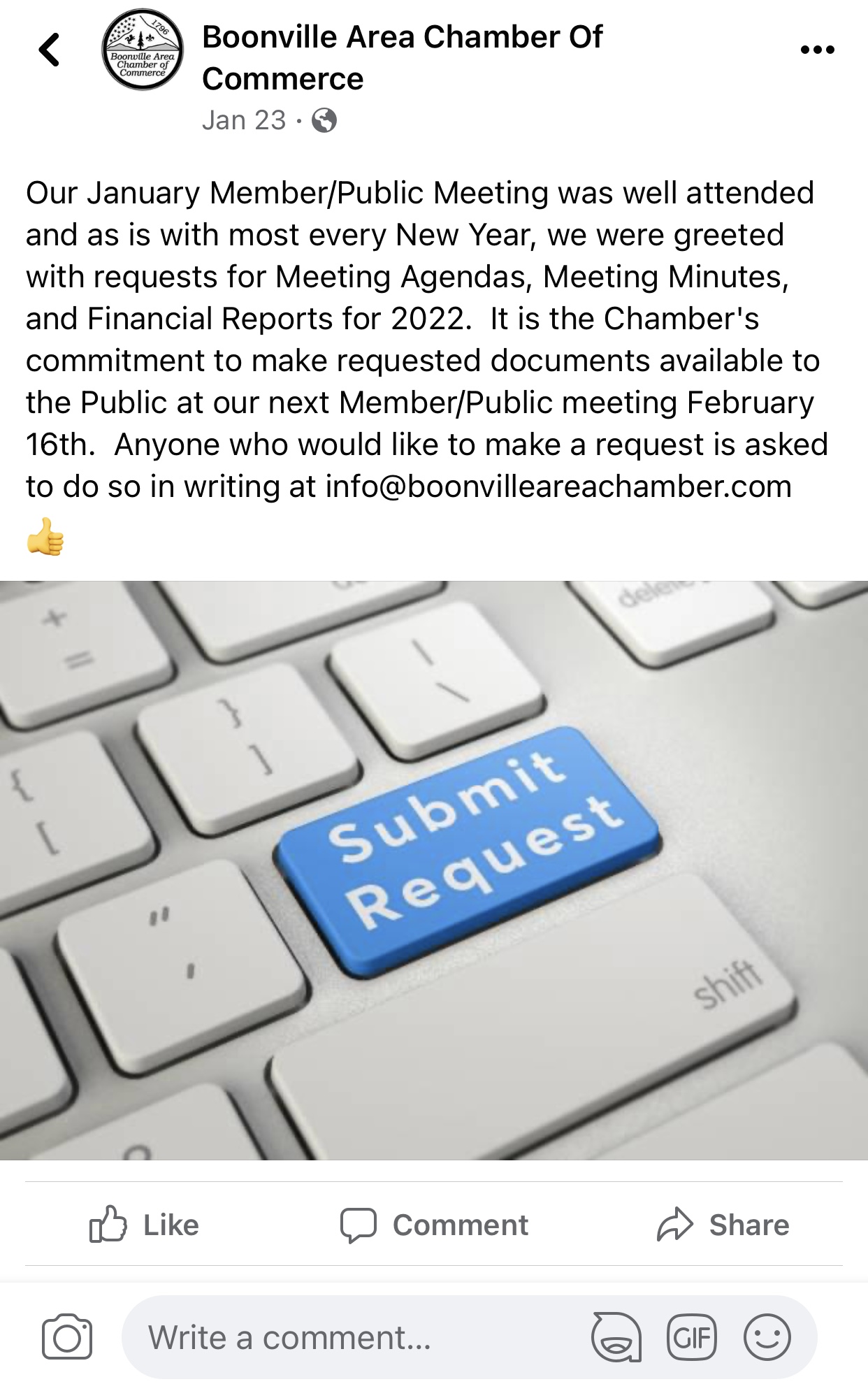 Boonville Chamber Public Info Request Facebook