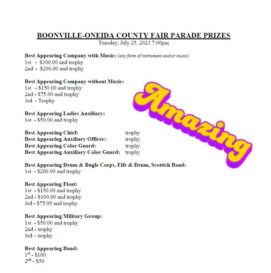 Boonville Oneida County Fair Parade Prize List 2023