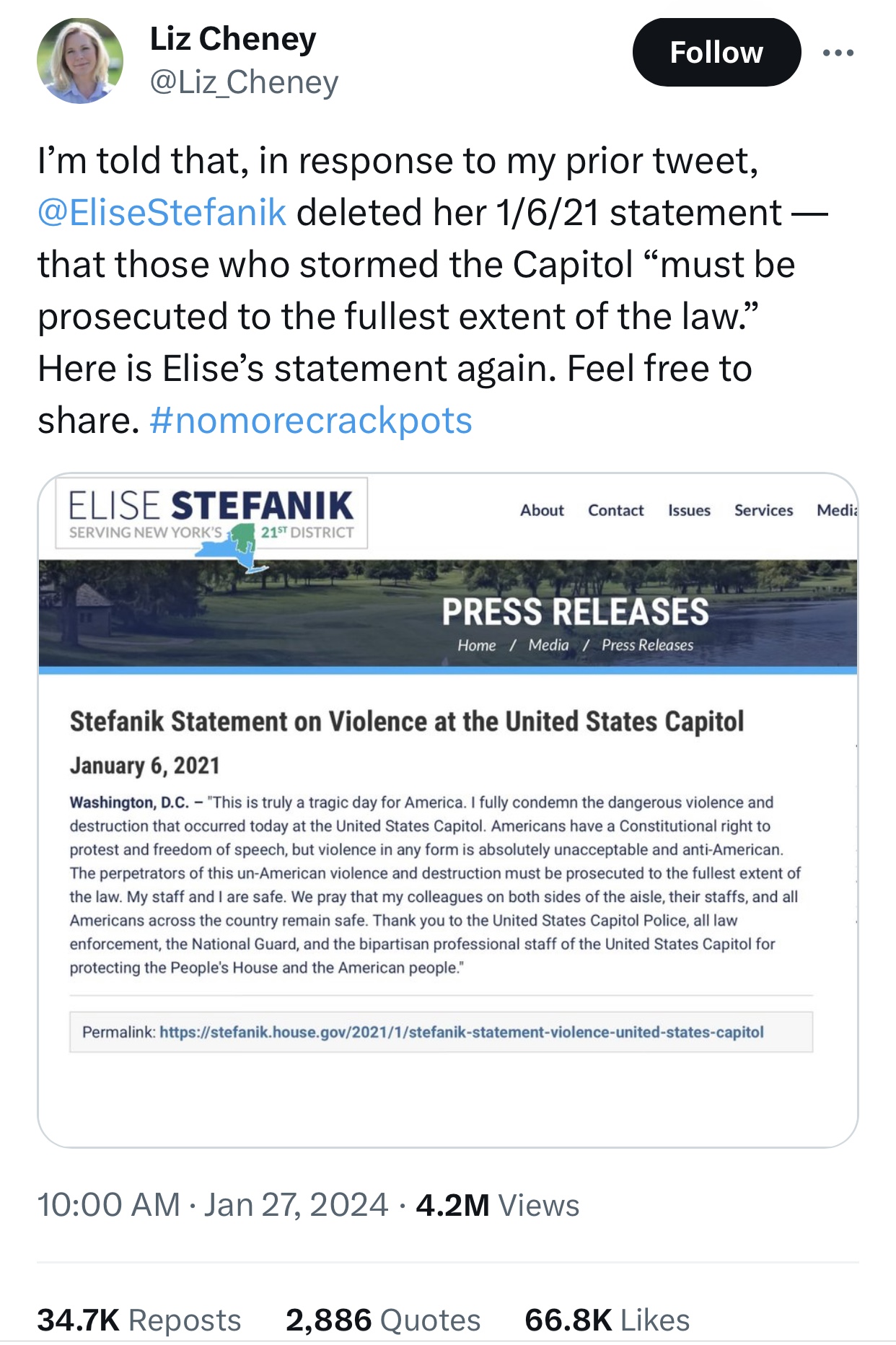 Cheney Stefanik Deleted Statement