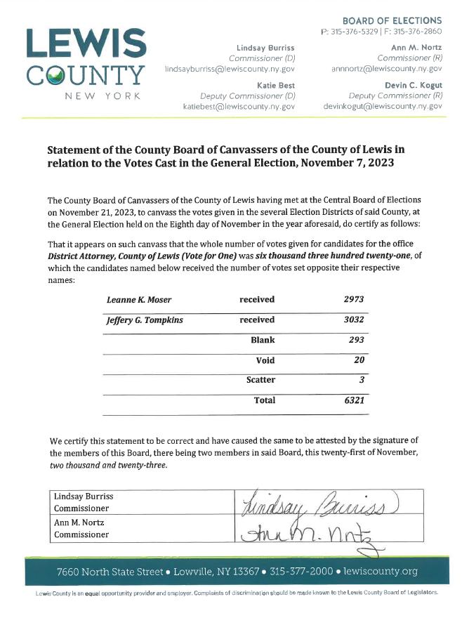 Leanne Moser Jeffery Tompkins Final Results 2023
