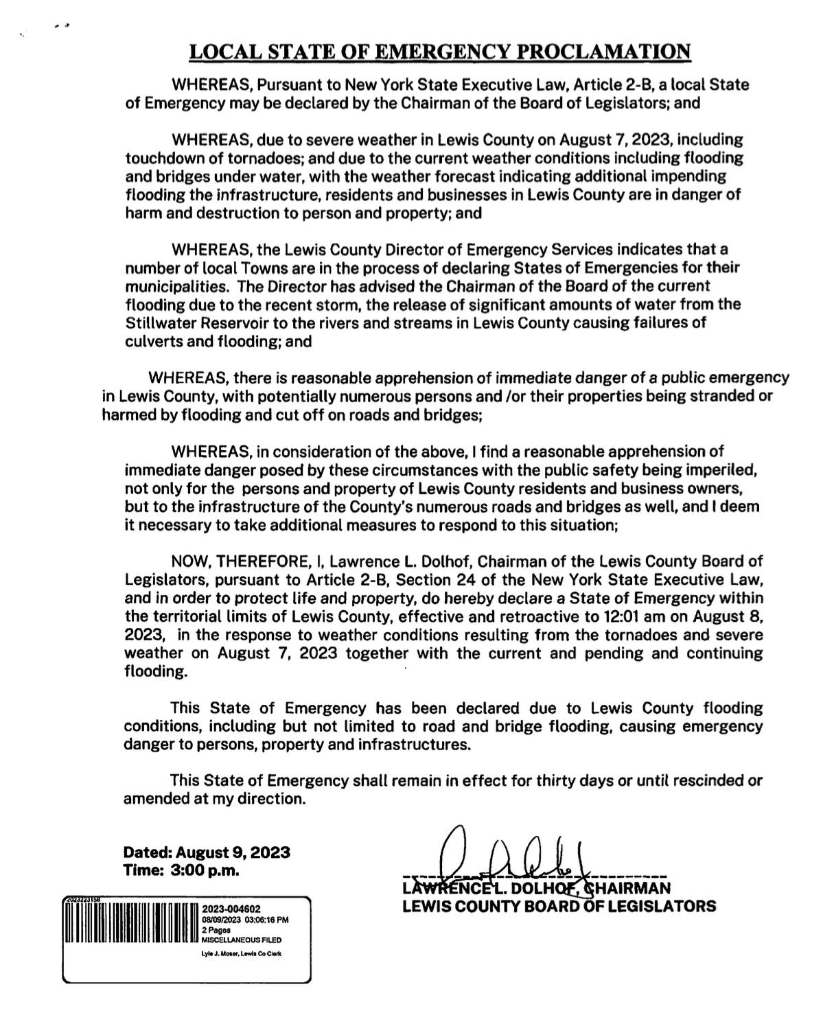 Lewis County State of Emergency August 2023