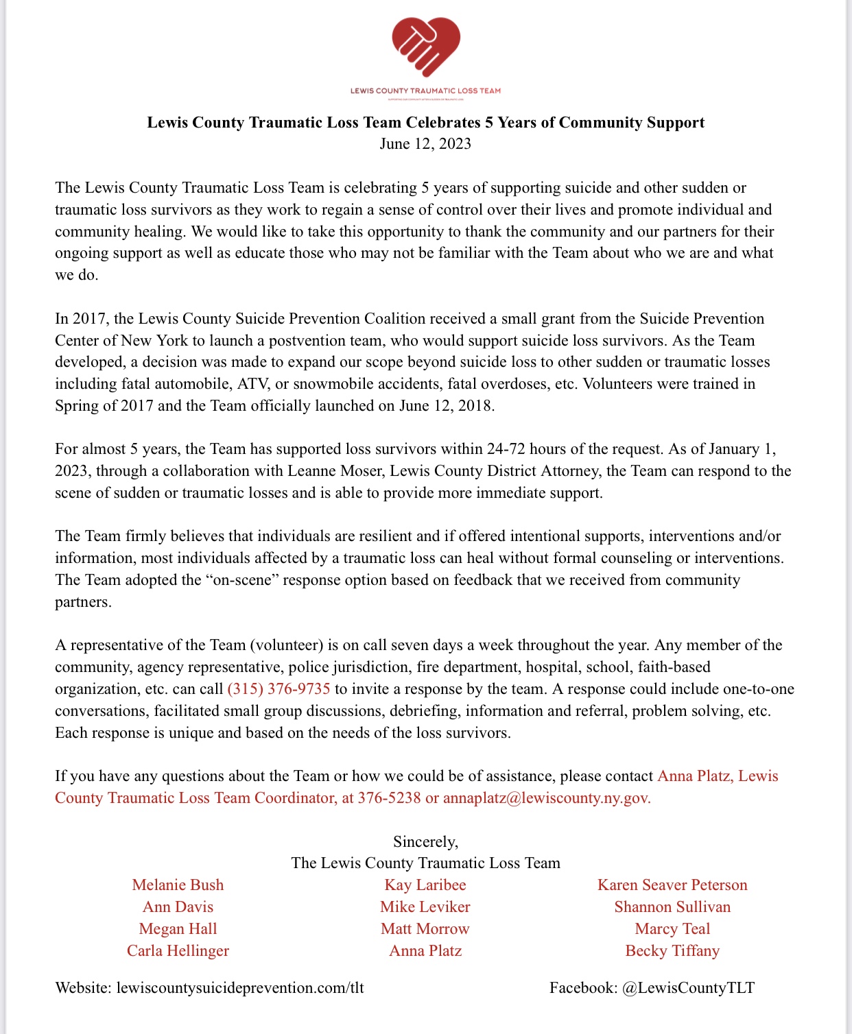 Lewis County Traumatic Loss Team 5 Years