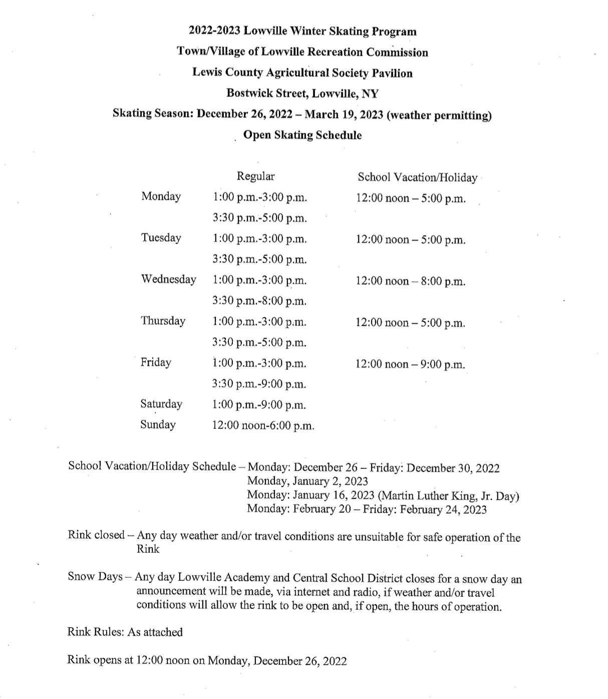 Lowville Ice Skating Rink Schedule 2023