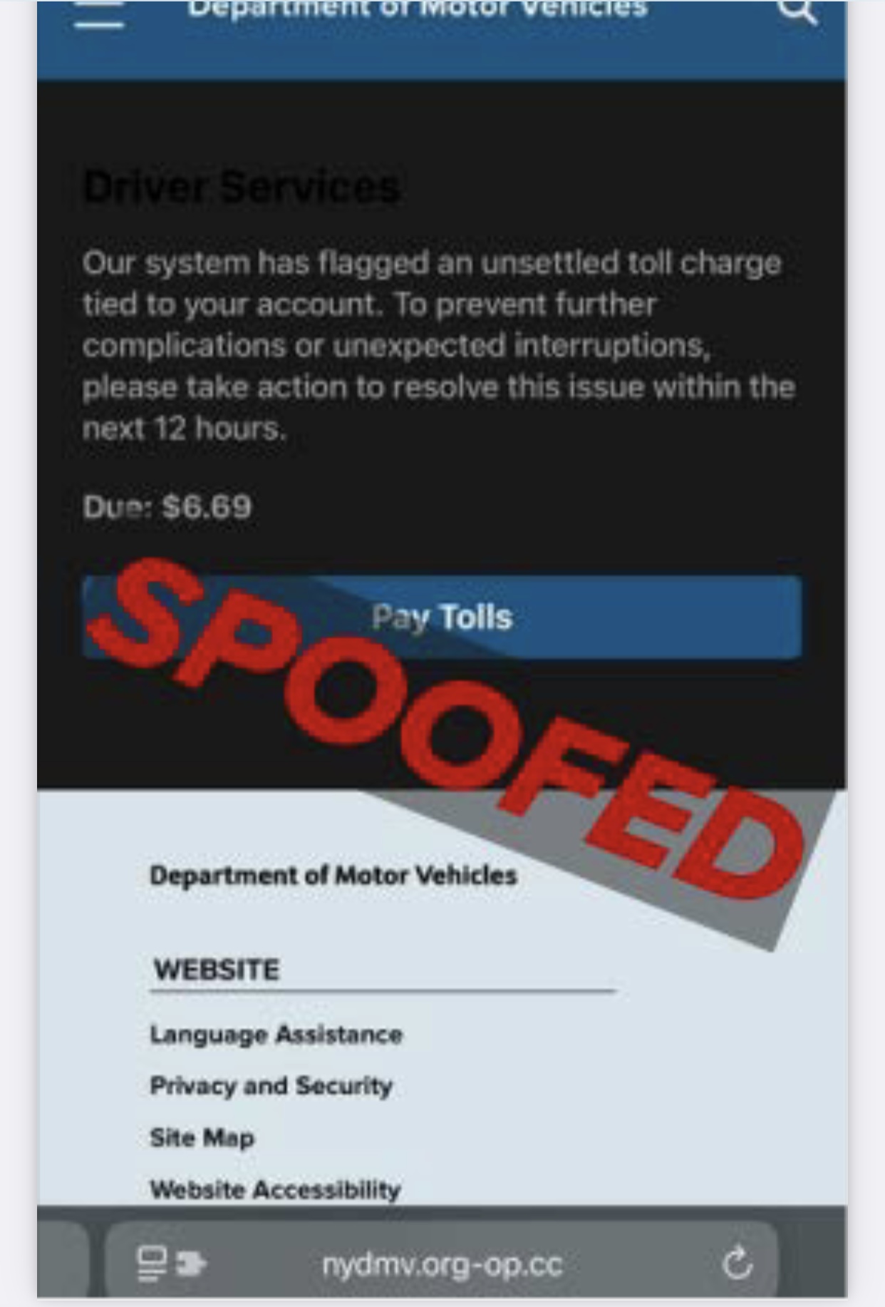 NYS DMV Scam Text Website 1